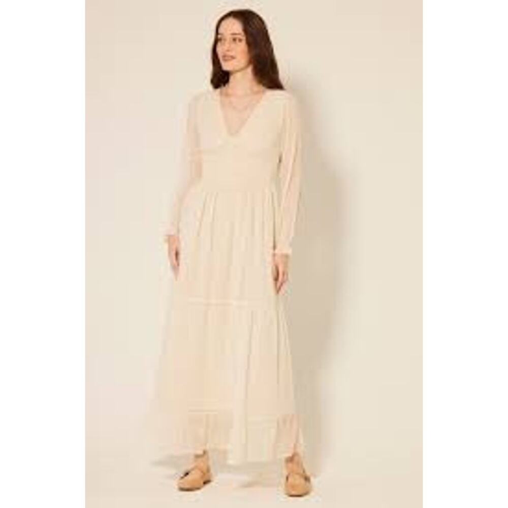 Patrons of Peace Altura Dress Maxi Coquette Milkmaid Tiered Cream Swiss Dot Sz S - Picture 2 of 15